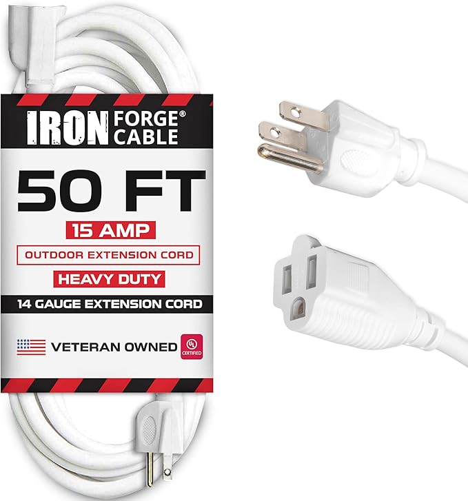 Iron Forge Cable 15 Amp Heavy Duty Extension Cord 50 ft, SJTW 14 Gauge Extension Cord 3 Prong Outdoor & Indoor, Weatherproof White Power Cable 14 AWG, Great for Major Appliances - US Veteran Owned