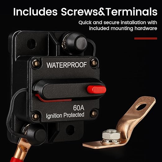 60A Waterproof DC Circuit Breaker with Manual Reset, 12V–48V Inline Fuse with Screws & Terminals for Trolling Motor, Marine, RV, Car Audio, Solar Battery System
