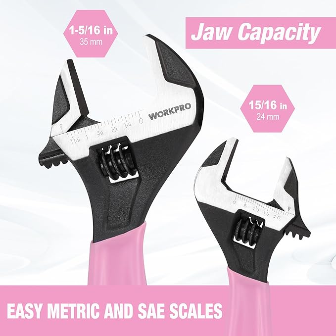 WORKPRO 2-piece Pink Adjustable Wrench Set, 6-Inch & 10-Inch Wrenches, Wide Jaw Black Oxide Wrench, Metric & SAE Scales, Cr-V Steel, for Home, Garage, Workshop-Pink Ribbon