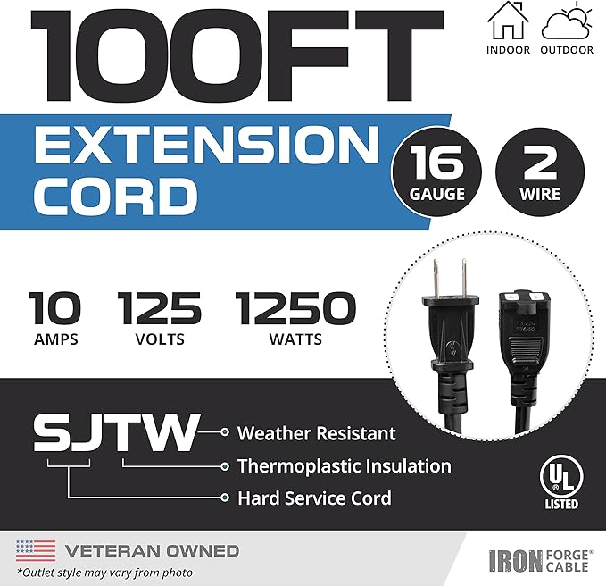 Iron Forge Cable 100 Ft Black Extension Cord, 16/2, 100 Foot Extension Cord with 2 Prong Polarized Plug, Weatherproof - Great for Outdoor & Indoor Use