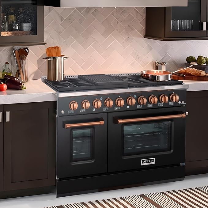 Akicon 48 Inch Freestanding Gas Range - 6.7 cu. ft. Double Rapid Convection Gas Oven - Gas Stove with 8 Sealed Burners & a Griddle, Heavy Duty Cast Iron Grates (Black & Copper)