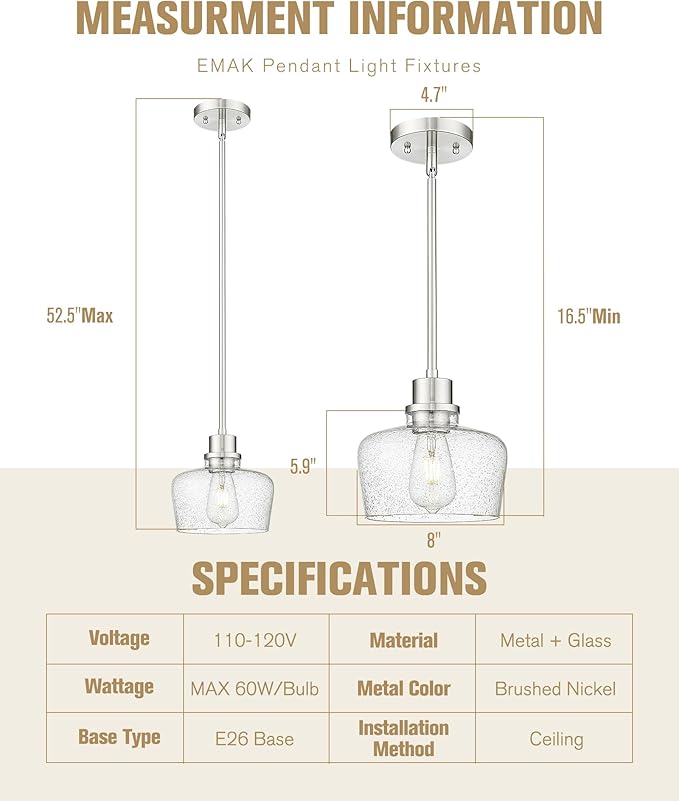 Emak Modern Brushed Nickel Pendant Lights Kitchen Island, 2 Pack 8 Inch Seeded Glass Pendant Light Fixtures for Kitchen Island, Bathroom, Bedroom, Dining Room, PL122-BN-2PK