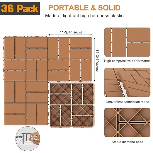 Goovilla Plastic Interlocking Deck Tiles, 36 Pack Outdoor Patio Flooring, 12"x12" Interlocking Decking Tile Outdoor All Weather Use, Waterproof Patio Pavers for Pool Balcony Backyard Porch, Khaki