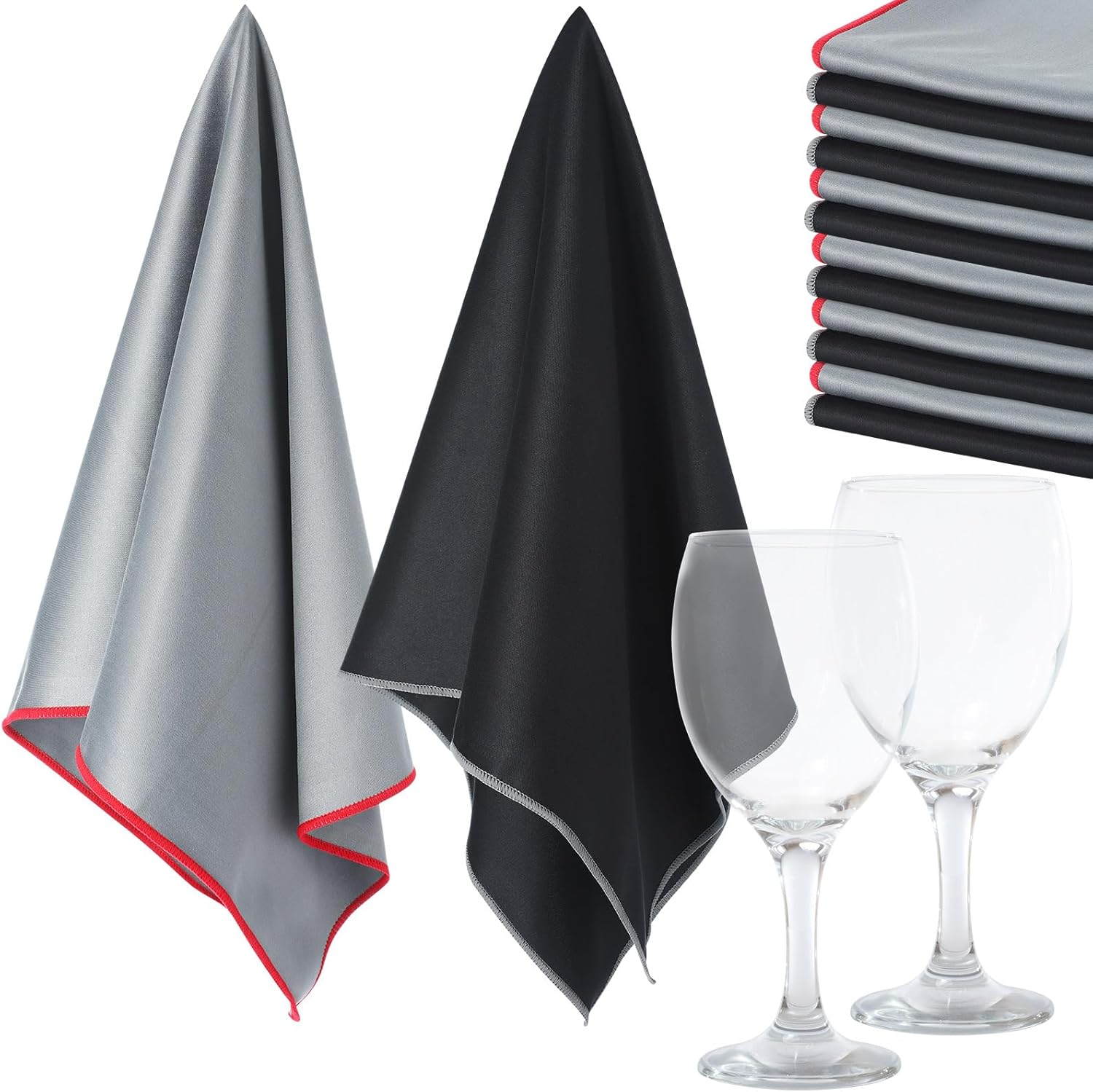 VitalCozy 6 Pcs Wine Glass Polishing Cloths Large Microfiber Cleaning Cloths 25 x 20 Inch Lintless Towels for Drying Wine Glasses Cleaning Window Stemware Dishes Glassware (12,Black，Grey)