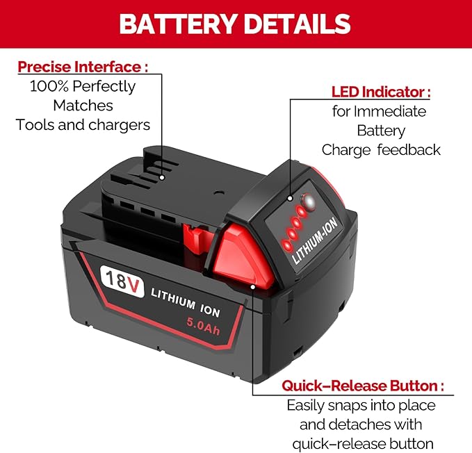 18V 5.0Ah Extended Capacity Battery Replacement for Milwaukee M18 Battery Lithium lon 48-11-1850 Compatible with Milwaukee 18V Cordless Tools 2 Packs