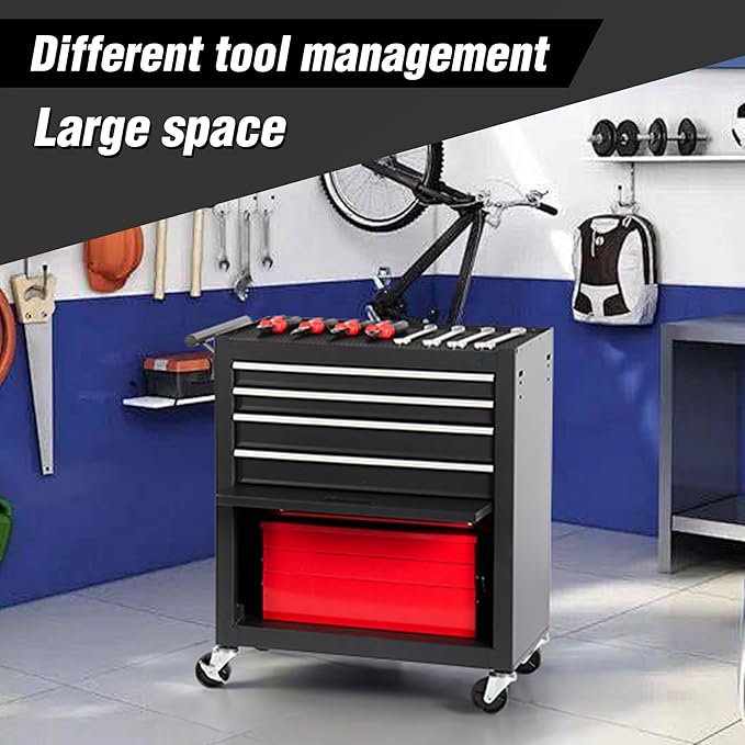 4 Drawers Metal Rolling Tool Chest on Wheels with Lockers, Tool Box Tool Trolley Organizer Cart, Multifunctional Drawers Rolling Storage Tool Case for Garage, Repair Shop(BLACK)