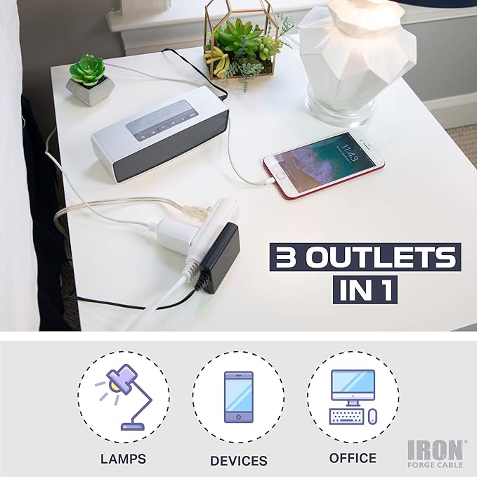 Iron Forge Cable 2 Pack 15 ft Flat Plug White Extension Cord with 3 Outlets - 16/3 SJTW 3 Prong Indoor Extension Cord with Multiple Outlets