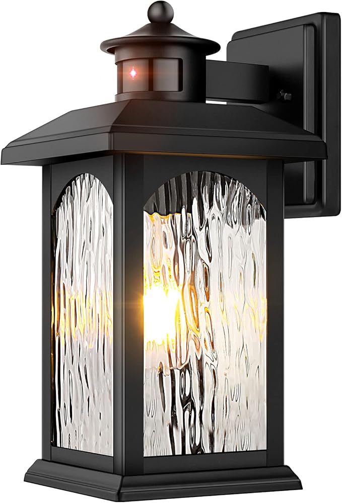 Motion Sensor Outdoor Wall Lantern, Updated Dusk to Dawn Outdoor Lighting, Exterior Light Fixtures, Black Porch Lights & Outside Wall Sconces with Water Rippled Glass for Patio Garage Entryway House