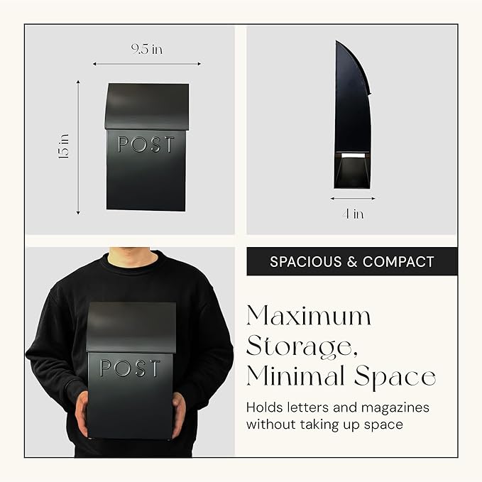 NACH Mailboxes for Outside Wall Mount, 15 x 10 x 4 inches, Black Wall Mounted Mailbox and Newspaper Holder, Waterproof Mailbox for Door - The Milano Mailbox