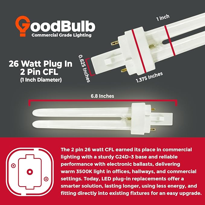 GoodBulb 26 Watt CFL Light Bulbs 2 Pin G24D-3 Base 3500K Neutral White 26W High Output 1800 Lumens Double Tube Compact Fluorescent Light Bulbs Plug-in 10 Pack