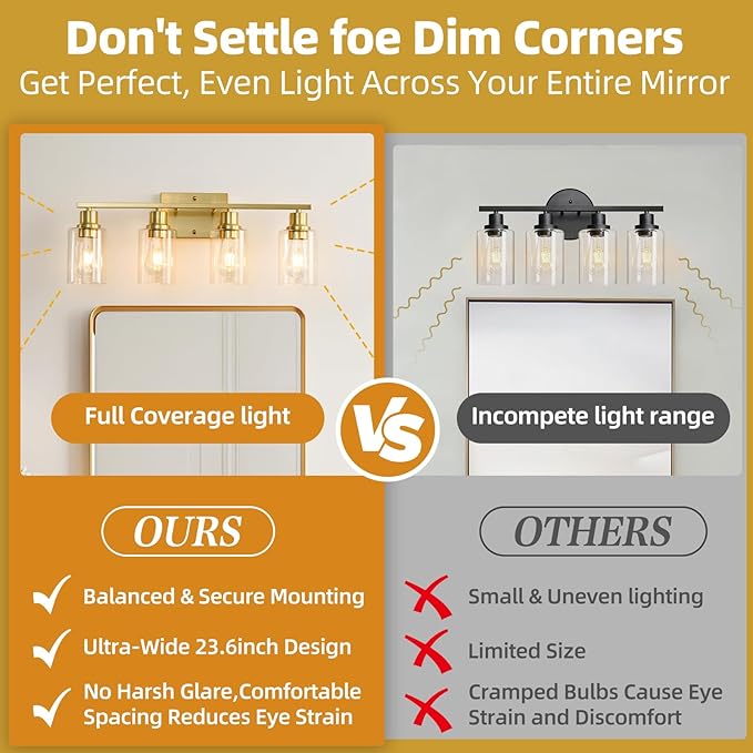 EMONG Gold Bathroom Light Fixtures,4-Lights Brushed Brass Vanity Light with Clear Glass Shade,Modern Wall Sconces for Hallway, Farmhouse,Living Room