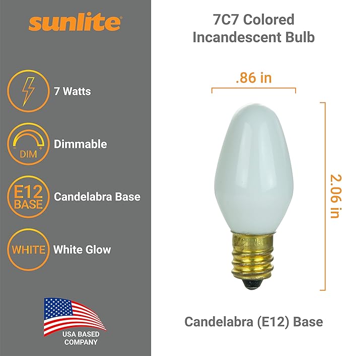 Sunlite 01285 7C7 Incandescent Bulb, 7 Watt, Candelabra E12 Base, C7 Small Night Light, Colored Bulb, White, 25 Count