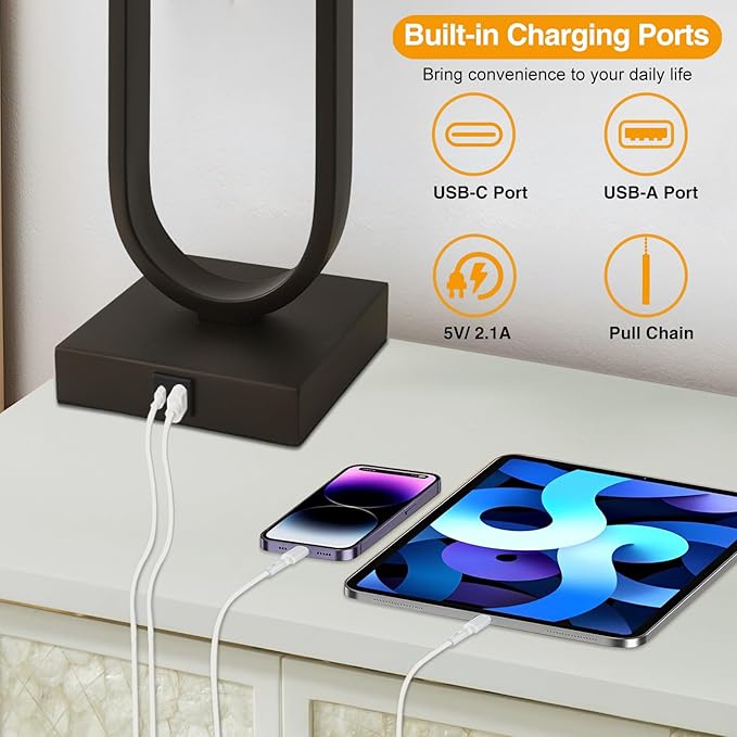 Luvkczc Bedside Lamps Set of 2, 24'' Tall Table Lamps for Night Stands with USB C+A Ports, 3000K LED Bulbs - Modern Desk Lamp for Bedroom, Living Room, Office, Beige Lampshade