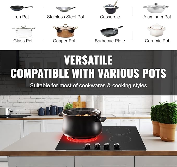 VEVOR Electric Ceramic Cooktop, Built-in Electric Stove Top, with Glass Panel, Knob Control, 11 Heat Levels, for Diverse Cooking Requirements (24inch-4burners/220V)