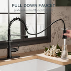 FORIOUS Rustic Black Kitchen Faucet with Pull Down Sprayer, 3 Modes Stainless Steel High Arc Vintage Spring Sink Faucet 1 or 3 Holes for Pot Filler, Farmhouse Camper Wet Bar