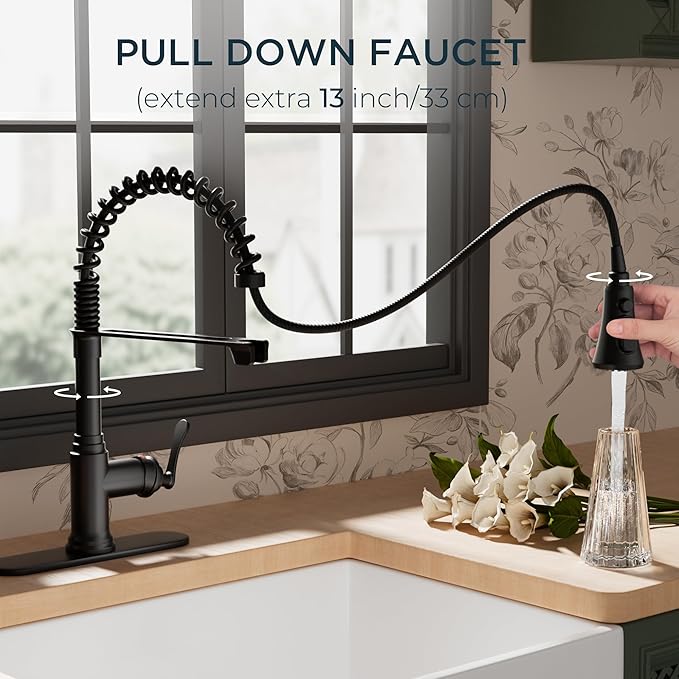 FORIOUS Rustic Black Kitchen Faucet with Pull Down Sprayer, 3 Modes Stainless Steel High Arc Vintage Spring Sink Faucet 1 or 3 Holes for Pot Filler, Farmhouse Camper Wet Bar