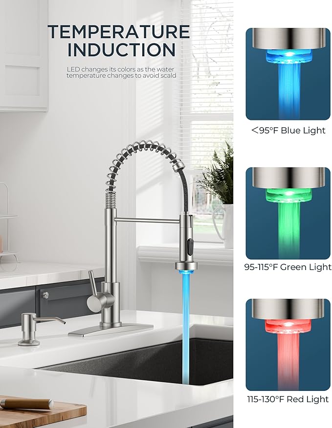 FORIOUS LED Kitchen Faucet with Soap Dispenser, Brushed Nickel Stainless Steel Traditional Spring Commercial Pull Out Sink Faucet with Pull Down Sprayer for Laundry RV Camper Bar Farmhouse