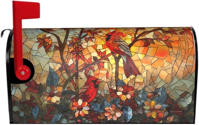 Giwawa Stained Glass Cardinal Birds Mailbox Covers Magnetic for Fall Mailbox Cover Autumn Mail Box Covers Standard Size 18 x 21 Thanksgiving Decorations Outdoor Welcome Mailbox Wrap