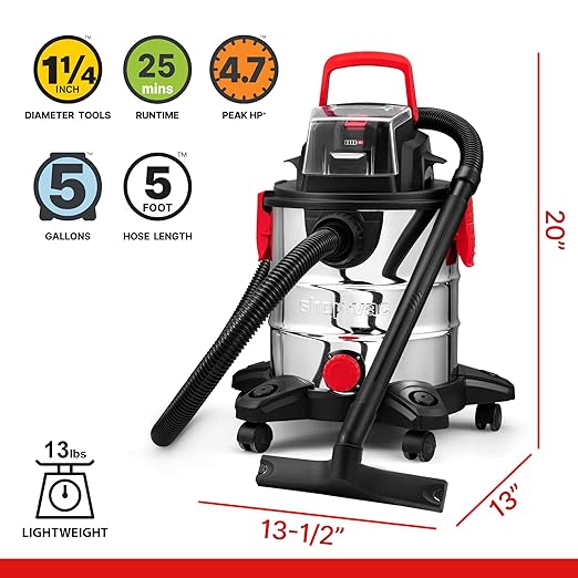Shop-Vac 20V Wet/Dry Cordless Vacuum, 5 Gallon, 4.7 Peak HP, 10kPa Strong Suction & Blower, Portable Shop Vacuum, 4.0A Battery Powered Shop Vac for Car, Home and Garage