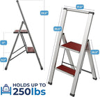Step Ladder 2 Step Folding, Decorative - Beautiful Mahogany & Silver Aluminum, Ultra Slim Profile, Anti Slip Steps, Sturdy-Portable for Home, Office, Kitchen, Photography Use,by SORFEY