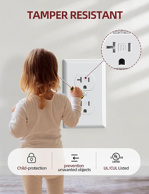 AIDA 20 Amps Outlets Duplex Electrical Receptacle Outlets,Tamper Resistant,Heavy-Duty Receptacle Wall Outlet,Residential,TR,3-Wire, Self-Grounding Clip, NEMA 5-20R,UL Listed (10 Pack, White)