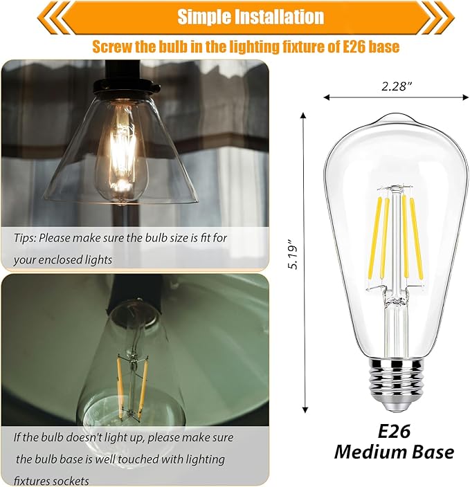 4 Pack Cool White LED Edison Bulbs 40W Equivalent, ST19 4W LED Vintage Light Bulbs for Ceiling Lamp, Non-Dimmable, 90 CRI, 450LM, E26 Base, 4000K