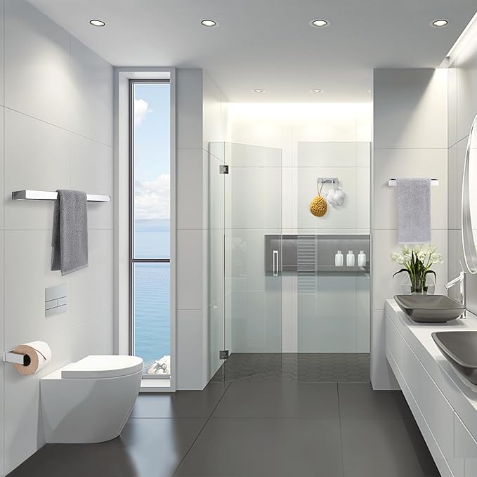 Lairuier Bath Towel Bar Set, Polished Chrome 4-Piece Bathroom Hardware Set Including Towel Bar, Towel Holder, Toilet Paper Holder, Towel Hook. Stainless Steel Bathroom Hardware Accessory