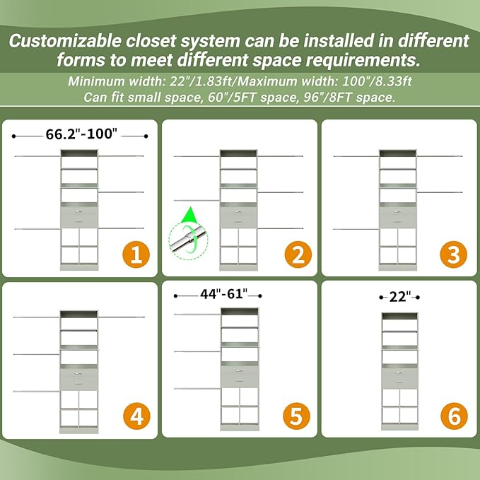 Closet System, 4-8 FT Closet Organizer Tower with 2 Wooden Drawers and Shelves, Can Fit 60 to 96 inch Walk-in Closet System with 5 Hang Rods, Built-in, Crab Green