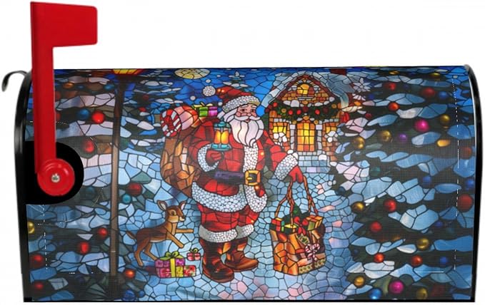 Giwawa Stained Glass Santa Claus Mailbox Covers Christmas Mail Box Cover Magnetic Oversized 25.5 x 21 Holiday Mailbox Xmas Decorations Winter Reindeer Mailbox Wrap