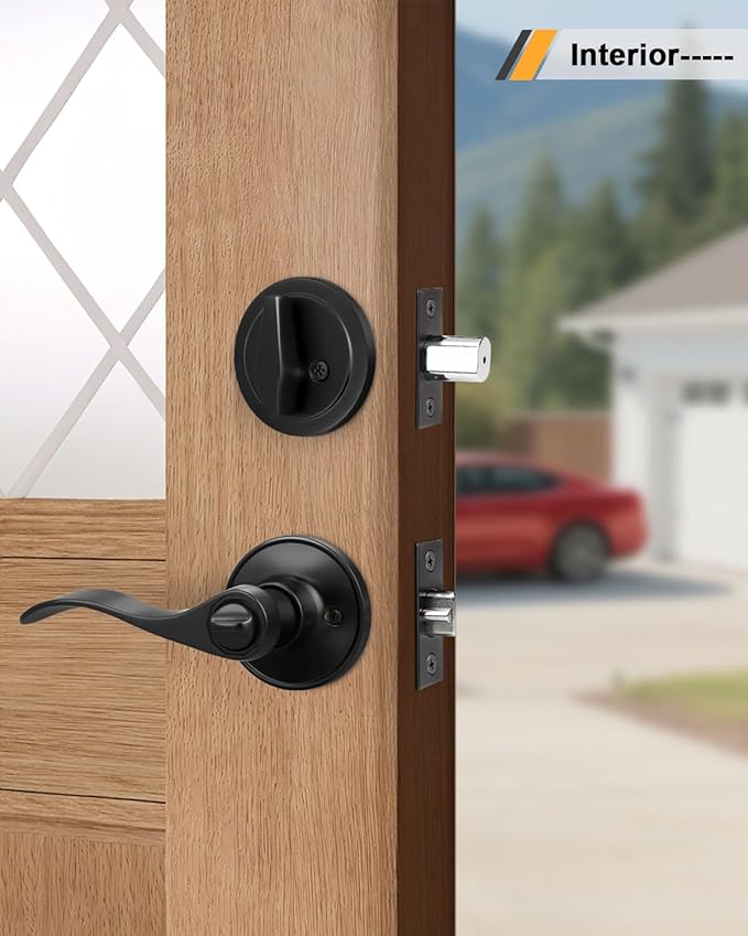 1Pack Exterior Door Lever Lockset with Single Cylinder Deadbolt Black Door Handle with Deadbolt Lock Set Keyed Alike, Matte Black Finished