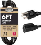 6 Foot Outdoor Extension Cord - 16/3 SJTW Black 16 Gauge Electrical Cable with 3 Prong Grounded Plug