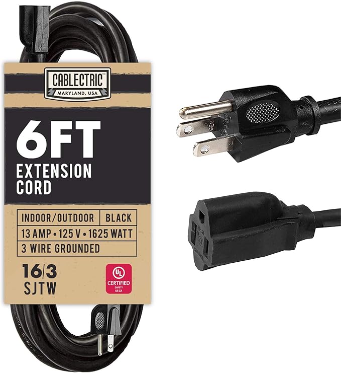 6 Foot Outdoor Extension Cord - 16/3 SJTW Black 16 Gauge Electrical Cable with 3 Prong Grounded Plug
