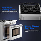 AAOBOSI 36 Inch Front Control Gas Range Oven with 6 Cooktop Burners, 6 Cu. Ft 18000 BTU Convection and Self Clean, Freestanding Heavy Duty Gas Range Stove with Halogen Light,Large Capacity,Silver