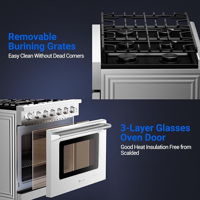 AAOBOSI 36 Inch Front Control Gas Range Oven with 6 Cooktop Burners, 6 Cu. Ft 18000 BTU Convection and Self Clean, Freestanding Heavy Duty Gas Range Stove with Halogen Light,Large Capacity,Silver