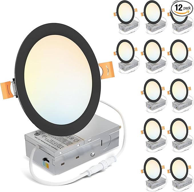 LVWIT 12 Pack Ultra-Thin Recessed Lighting 6 Inch with Junction Box, 1200LM 2700K-5000K 5CCT LED Ceiling Lights, Dimmable Canless Wafer Downlight, ETL,FCC&IC, Smooth Trim, Black