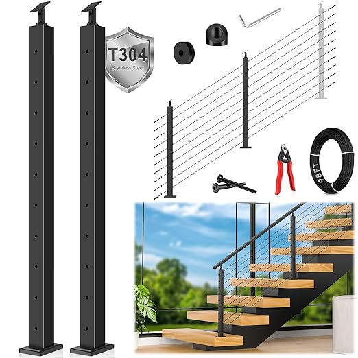 36" Expandable 2-8FT Black T304 Cable Railing Post Kit, Complete Cable Railing System with 2 Stair Posts, 98ft 1/8" Wire Rope(No Handrail), Adjustable Length Easy DIY for 25-35°Stairway