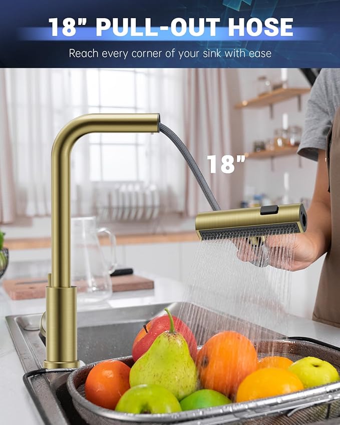 APPASO Gold Touchless Kitchen Faucet with Pull Down Sprayer, Waterfall Motion Sensor Kitchen Sink Faucet with SUS304 Stainless Steel Single Handle Hands-Free Brushed Gold
