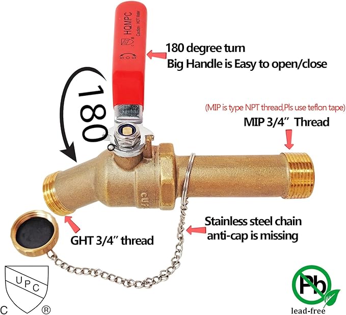 Water Heater Drain Valve 3/4"MIP X 3/4" Male GHT Connection to drain or Flush Hot Water Heater Faster and Easy Big Full Port (No Pb Brass,3 Inch Shank with Long Handle,Straight)