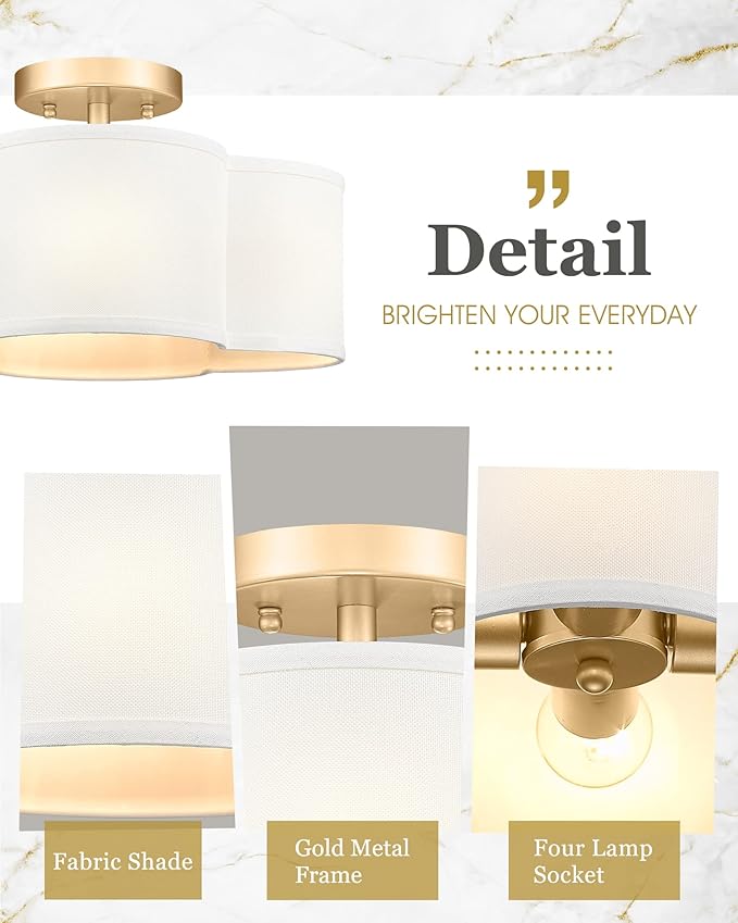 Gold Semi Flush Mount Ceiling Lights, 14" 4-Light Ceiling Light Fixtures with Fabric Shade in Quatrefoil Shape, Farmhouse Brass Drum Lighting for Kitchen Hallway Bedroom, AD-22007-4SF-GD
