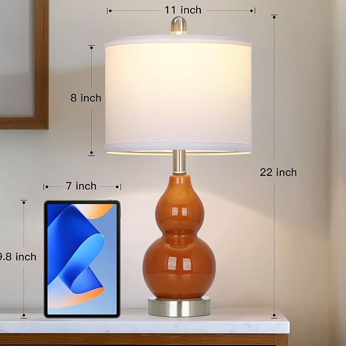 22" Modern Double Gourd Ceramic Table Lamps Set of 2, Red Bedside Lamps for Living Room, Contemporary Nightstand Desk Lamps for Bedroom End Table Home Office Decor(2 LED Bulbs Included)