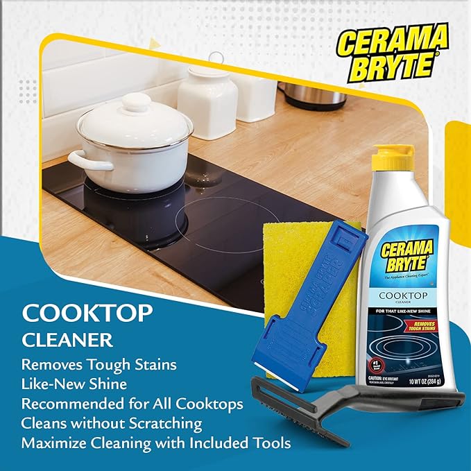 Cerama Bryte Glass Cooktop and Stove Top Cleaner Combo Kit - Includes Cleaning Tool, Razor, Scraper and 3 Pads to Remove Tough Stains - Use on Gas, Electric, Ceramic Surfaces, 10 Ounces, 6 Piece