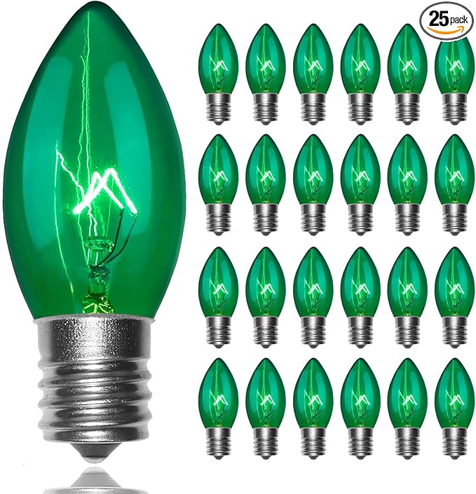 C9 Christmas Light Replacement Bulbs, 25 Pack Clear Green Christmas Light Bulbs, E17 Intermediate Base Bulb for Outdoor String Lights St Patricks Day Xmas Lights, 7Watt