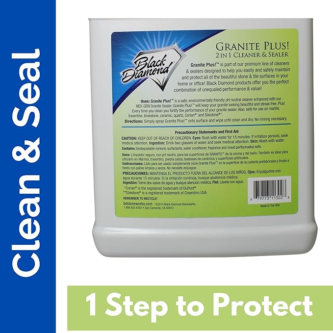 Black Diamond Stoneworks GRANITE PLUS! 2 in 1 Cleaner & Sealer for Granite, Marble, Travertine, Limestone, Ready to Use! (1-Quart/1-Gallon)