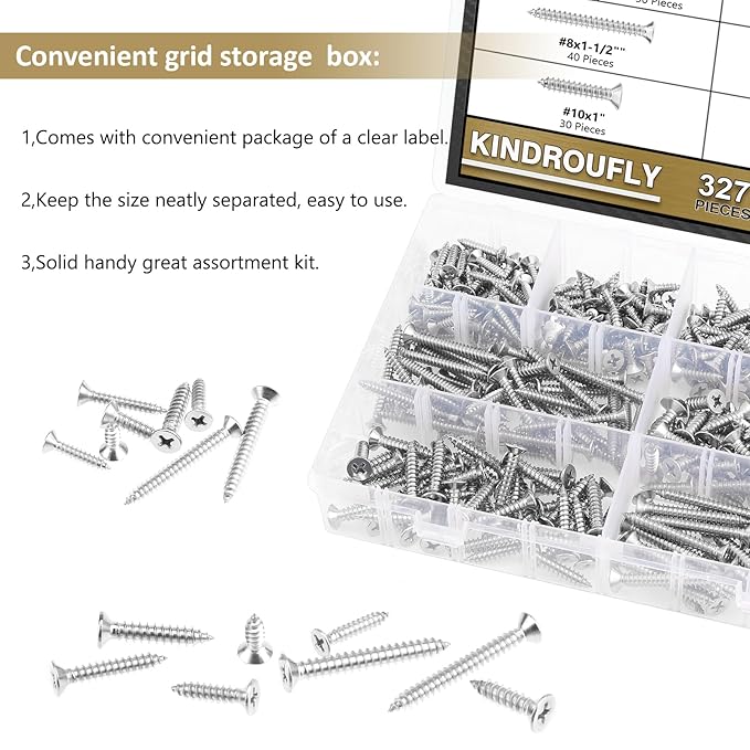 327 Pieces #6#8#10 Phillips Countersunk Head Self-Tapping Screws, Wood Screws Assortment Kit, 304 Stainless Steel