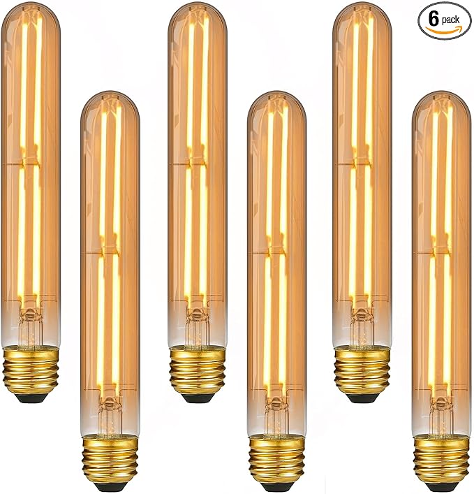 7.3 Inch E26 Led Bulb 6W Dimmable, 2200K Amber White Vintage Edison Bulbs, Equal 80 Watt T10 T9 Long Tubular Glass Light Bulb 800LM for Rustic Pendant Pipe Wall Sconces - UL Cert 6Pack