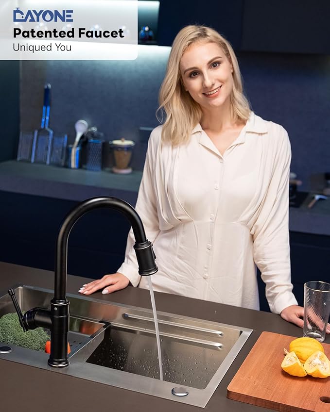 Antique Oil Rubbed Bronze Kitchen Sink Faucet with Soap Dispenser, DAYONE Pull Down Farmhouse Faucet for Sink with 3 Mode Sprayer, Single Handle High Arc, DAY-APS136-ORB