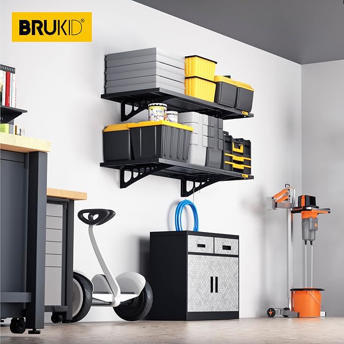 2Pack 1.64x4ft Adjustable Metal Garage Wall Shelving Heavy Duty Garage Storage Shelf Wall Mounted Black