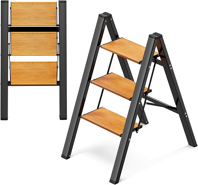 GameGem 3 Step Ladder, Aluminum Folding Step Stool with Anti-Slip Sturdy and Wide Pedal, Lightweight Portable Stepladder for Home and Kitchen Use Space Saving, 330 lbs, Black Woodgrain