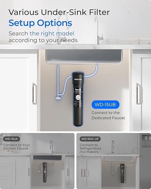 Waterdrop 15UB Under Sink Water Filter, Under Sink Water Filtration System for 2 Years, NSF/ANSI 42 Certified, Reduces PFAS, PFOA/PFOS, Lead, Under Sink Water Filter with Faucet, 19K Gallons