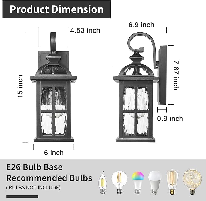 Darkaway Outdoor Wall Light Exterior Light Fixture with Water Ripple Glass, Aluminum Outside Lights Sconces Exterior Lighting for House Porch Patio Doorway Garage